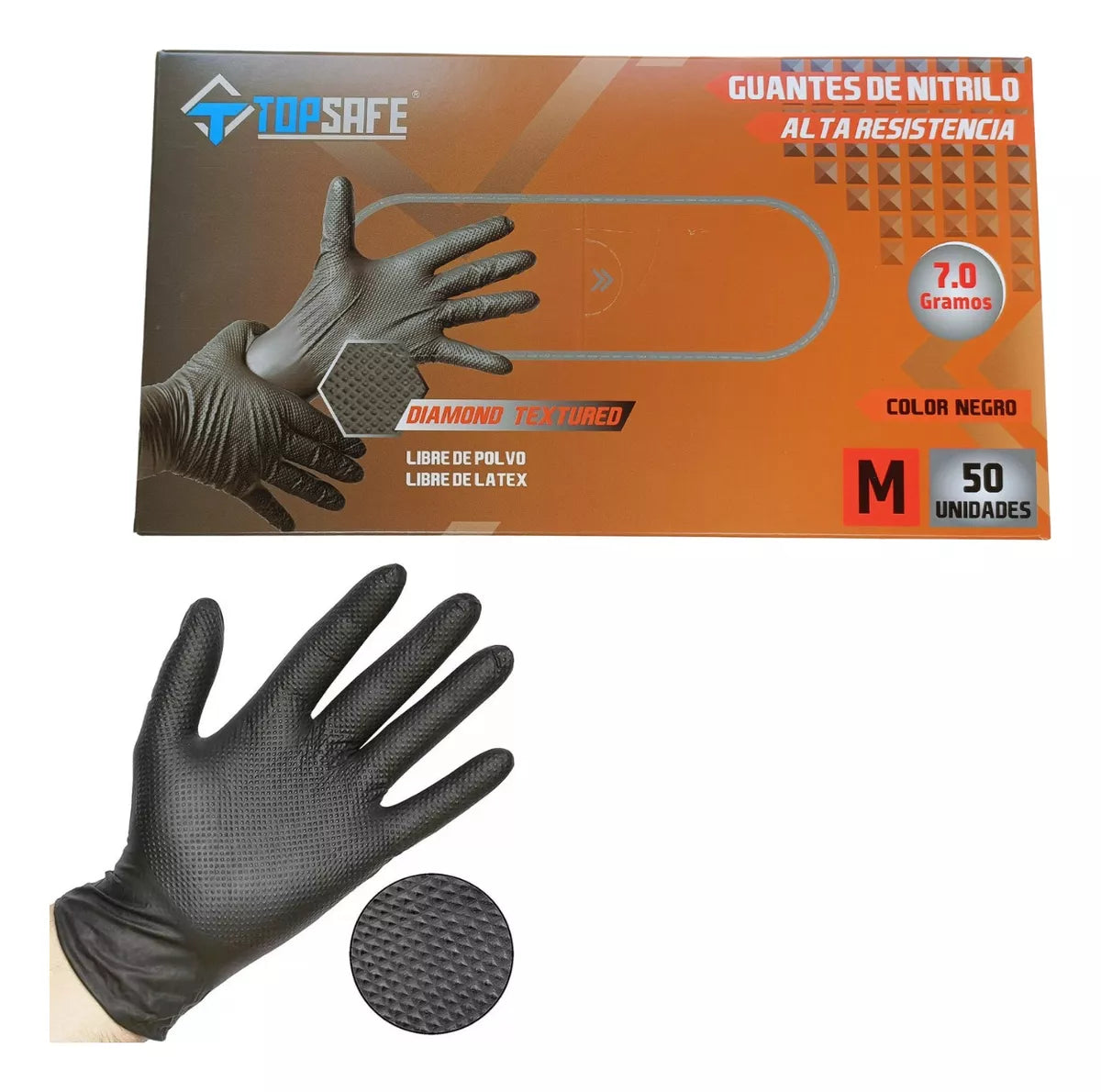 Guantes de nitrilo texturizado Negros profesional 8gr (50 UNIDADES)- TOPSAFE