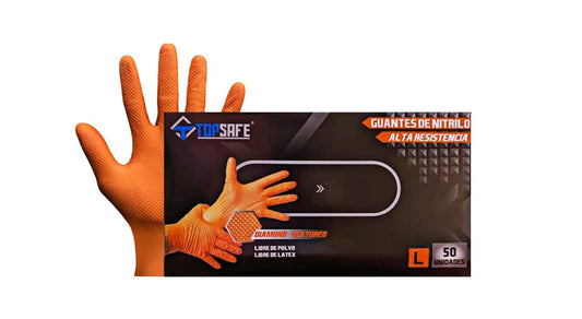 Guantes de nitrilo texturizado naranja profesional 8gr (50 UNIDADES)- TOPSAFE