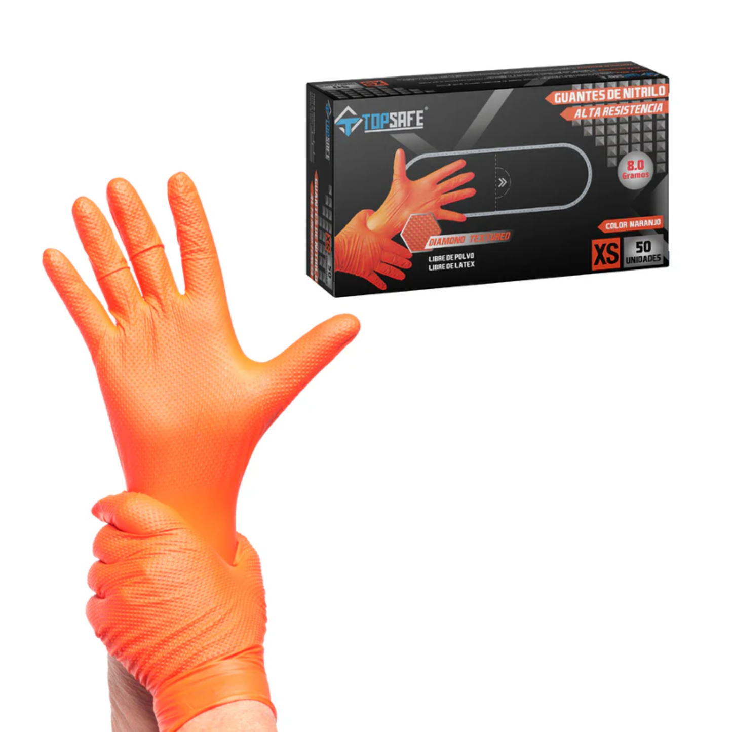 BOX Guantes de nitrilo texturizado naranjo 8gr (10X 50 UNI)- TOPSAFE