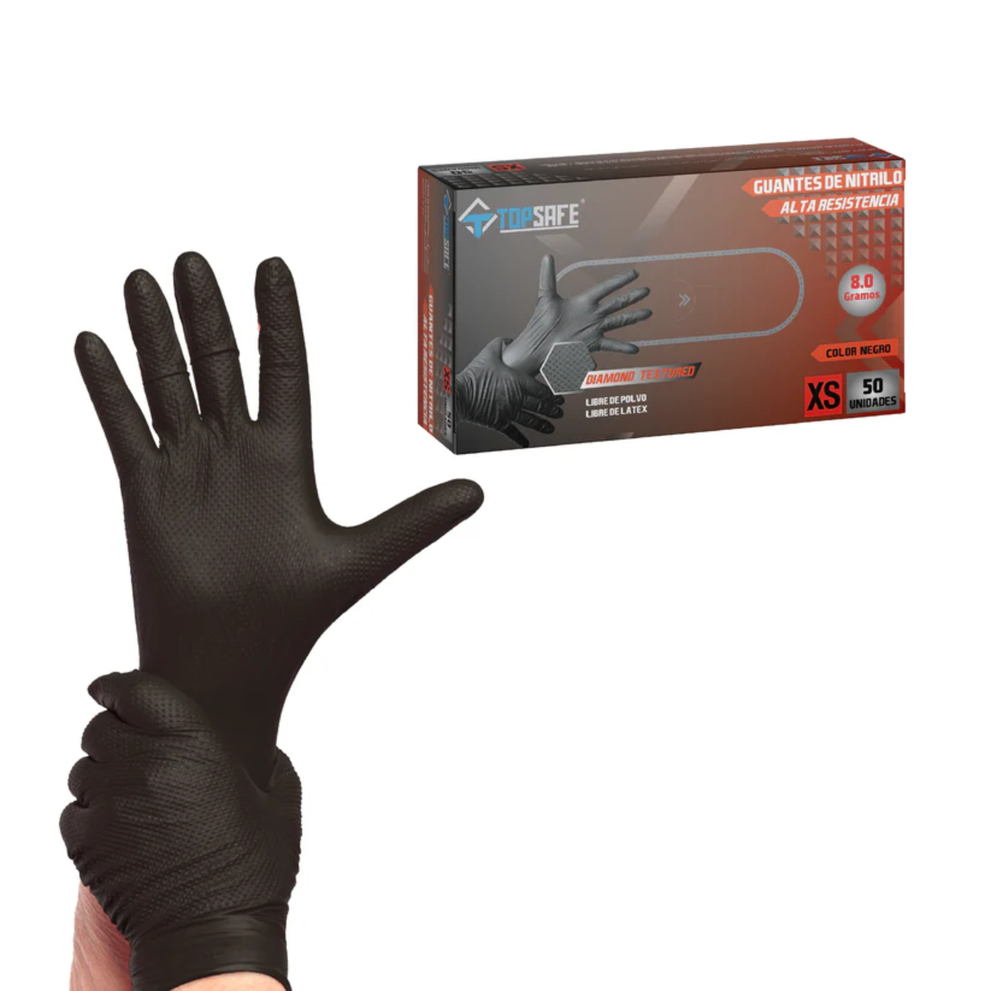 BOX Guantes de nitrilo texturizado negro 8gr (10X 50 UNI)- TOPSAFE