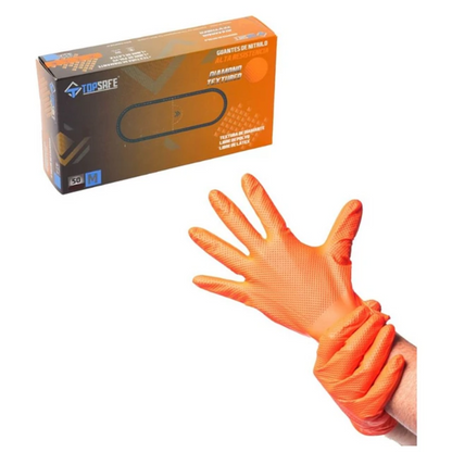 Guantes de nitrilo texturizado naranja profesional 8gr (50 UNIDADES)- TOPSAFE